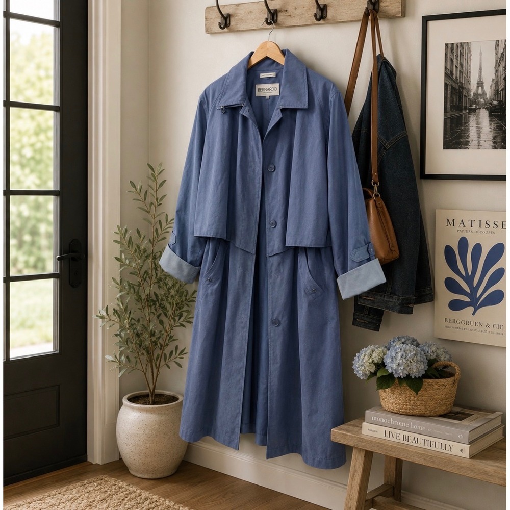 Vintage Bernardo Trench Coat Womens 12 Blue Long Raincoat Storm Flap 90s classic